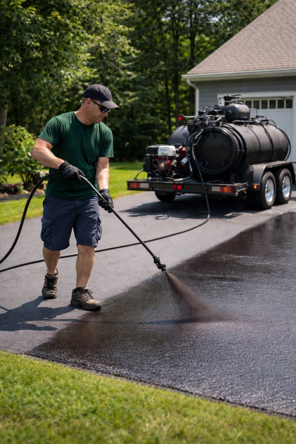 Application précise du scellant d'asphalte par temps ensoleillé